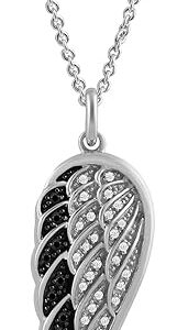 Sterling Silver Black & White Diamond Angel Wing Pendant Necklace